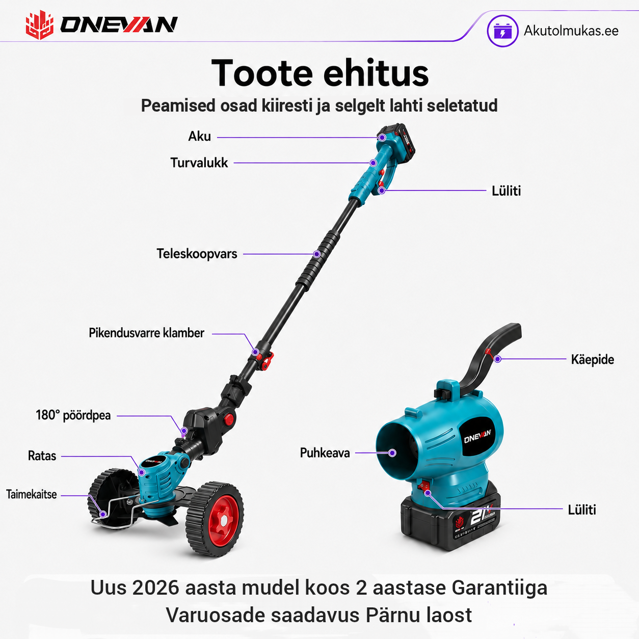 TrimBlow 2 ratastel akutrimmer ja pikendusvarrega akupuhur