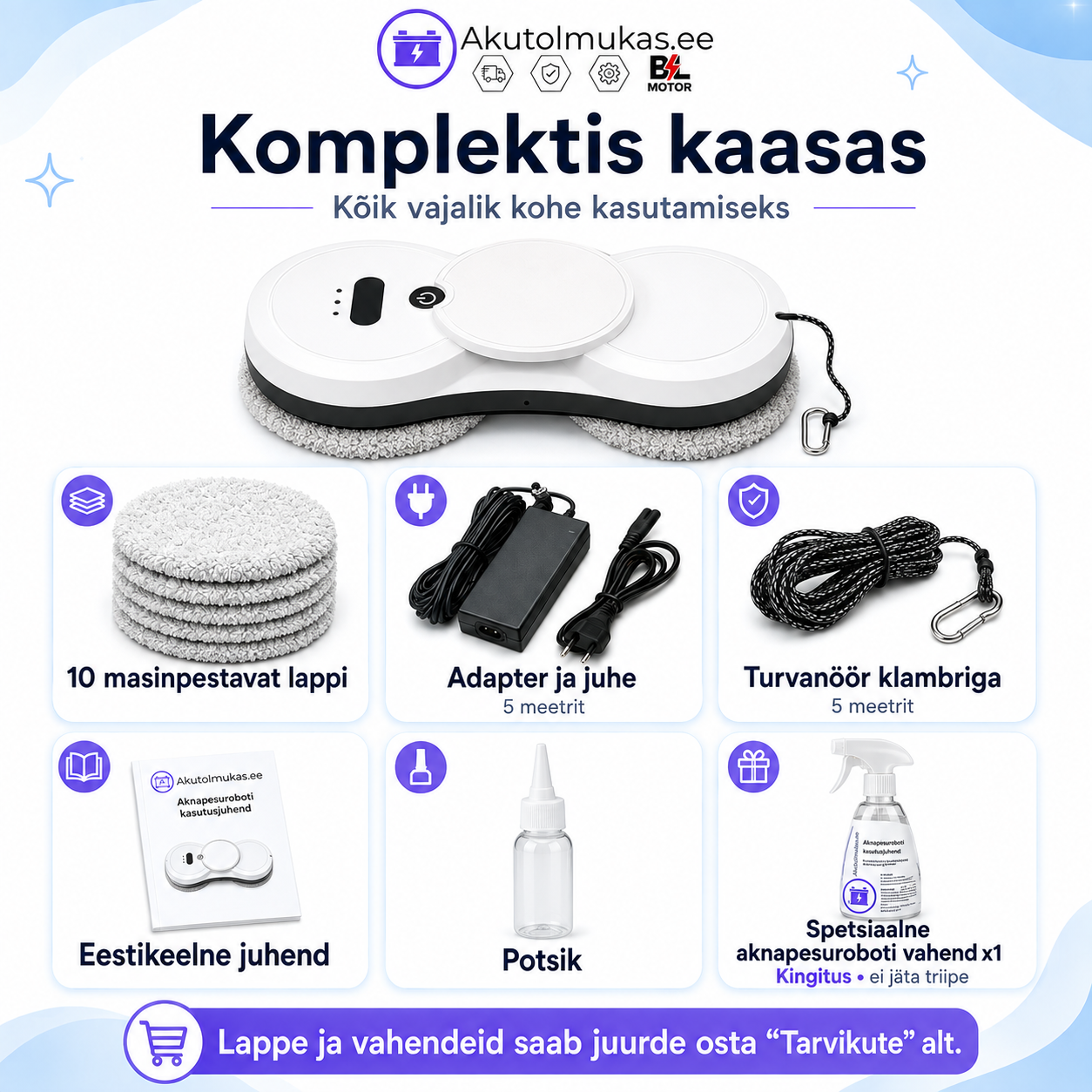 ROVA aknapesuroboti täiskomplekt puhastuslappide adapteri turvanööri ja vahendiga
